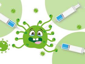 Zeichnung eines grünen Coronavirus mit 3 Spritzen