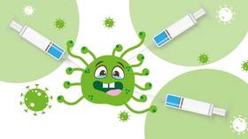 Zeichnung eines grünen Coronavirus mit 3 Spritzen